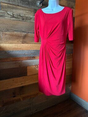 Connected Apparel Red Midi Dress Sie 8 Ruched Waist Short SleeveStretch